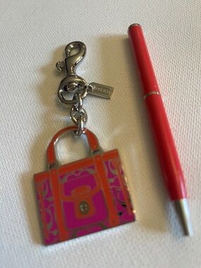 Coach Pink and Orange Enamel Handbag Charm Keychain and Coach Pen